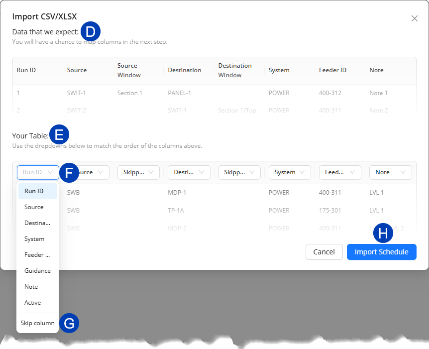 Import CSV/XLSX interface showing data mapping options and highlighted elements for user guidance.